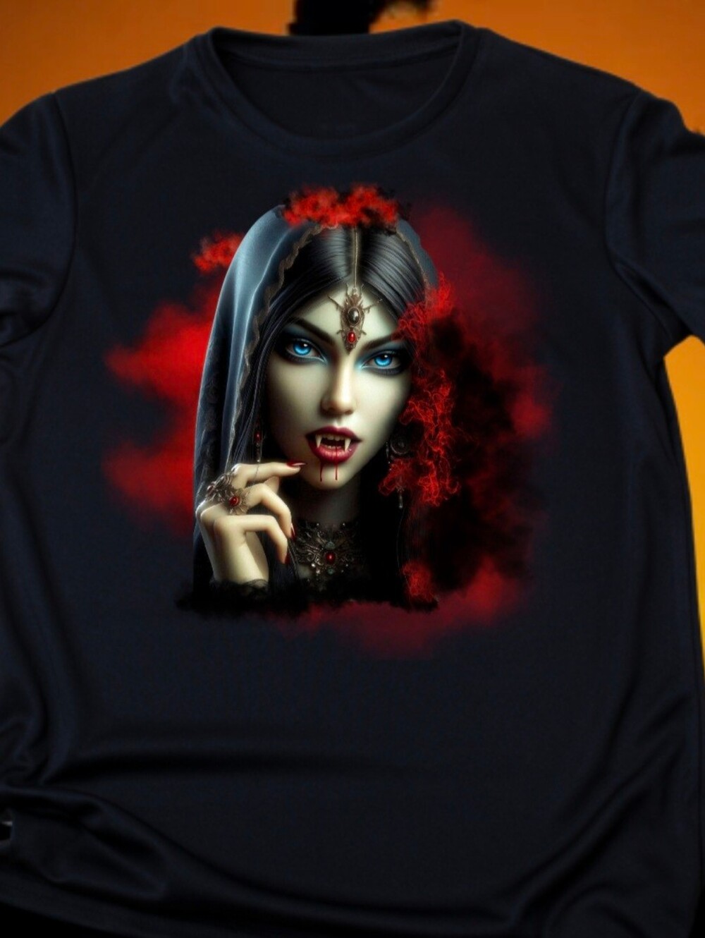 Gothic Vampire Lady Graphic Tee - Piercing Blue Eyes Shirt